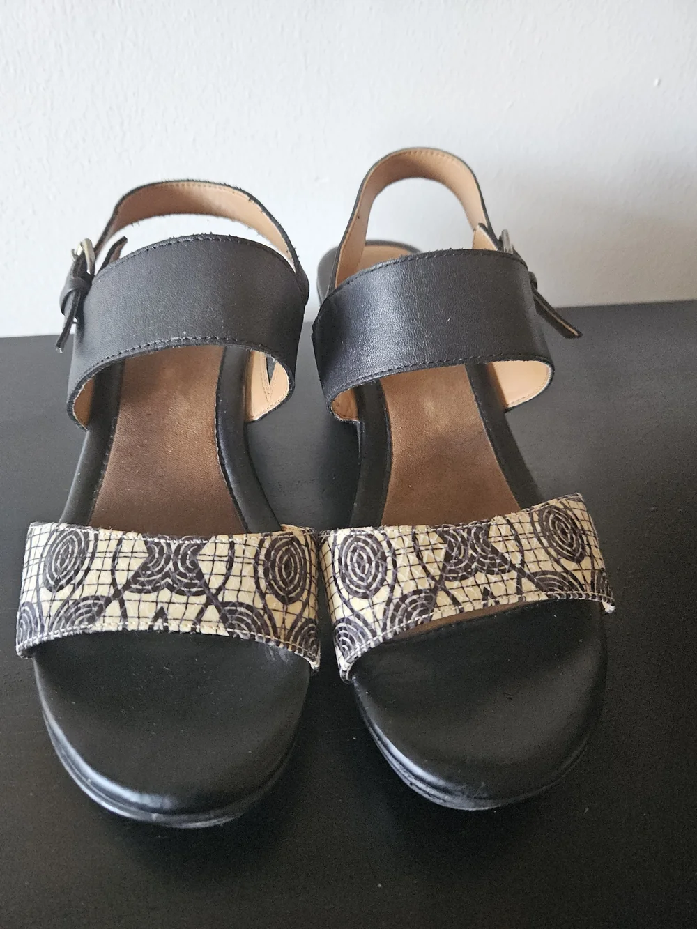 Naturalizer Black and Cream Wedge Sandals with Patterned Toe Strap